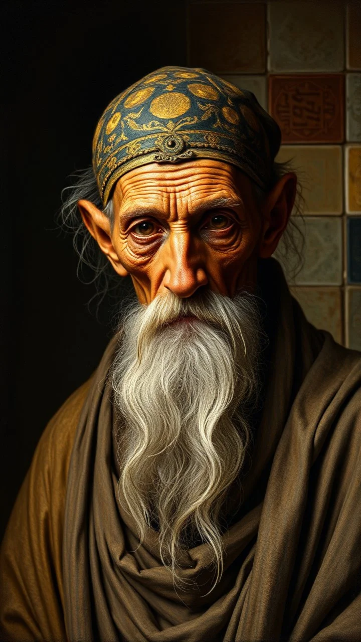 master oil painting by Rembrandt, realistic rendering Portrait of the Apkallu sage who were sent by the god Ea to teach civilization to humanity before the flood. They were depicted as half-human and half-fish or bird, and were associated with wisdom, magic, and culture. blurred tile pattern background, brightened edges to give a sense of depth