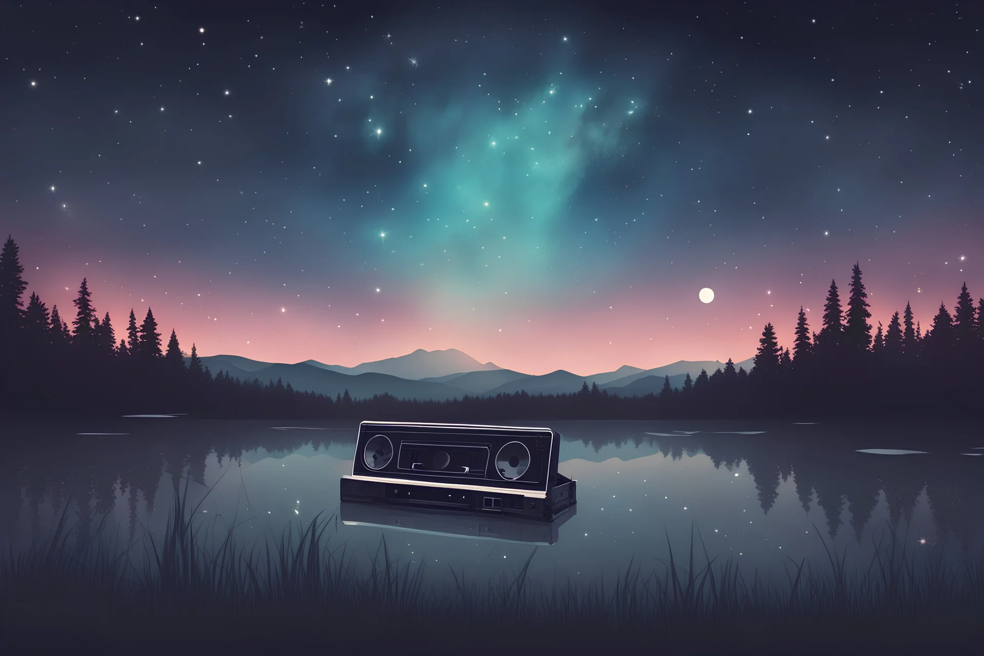 A calming night sky with featuring a cassette tape floating among the stars, playing lo-fi beats.