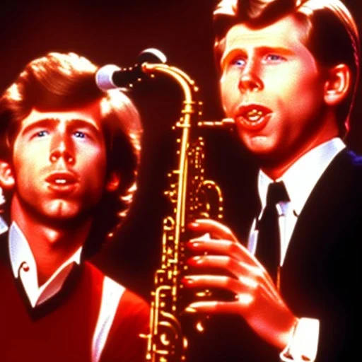 eyes closed REd-haired ron howard as richie from happy days Is blowing the saxophone with his "eyes closed", rock band, looking at camera