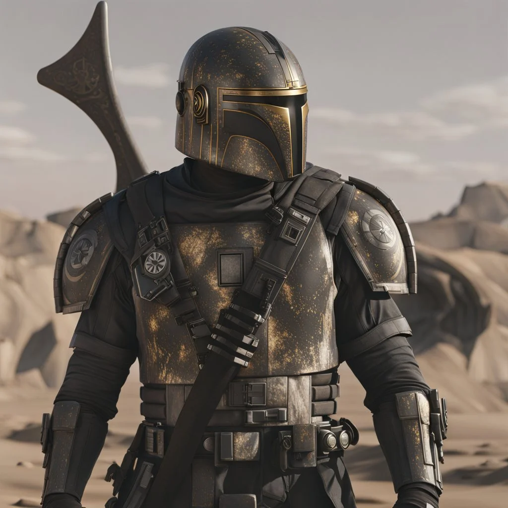 star wars bald male corellian pilot wearing pearlescent black and gunmetal grey First Order special forces heavy assault armor and helmet with gold trim inside the jedi temple, centered portrait, hyperdetailed, dynamic lighting, hyperdetailed background, 8k resolution, volumetric lighting, light skin, fully symmetric details