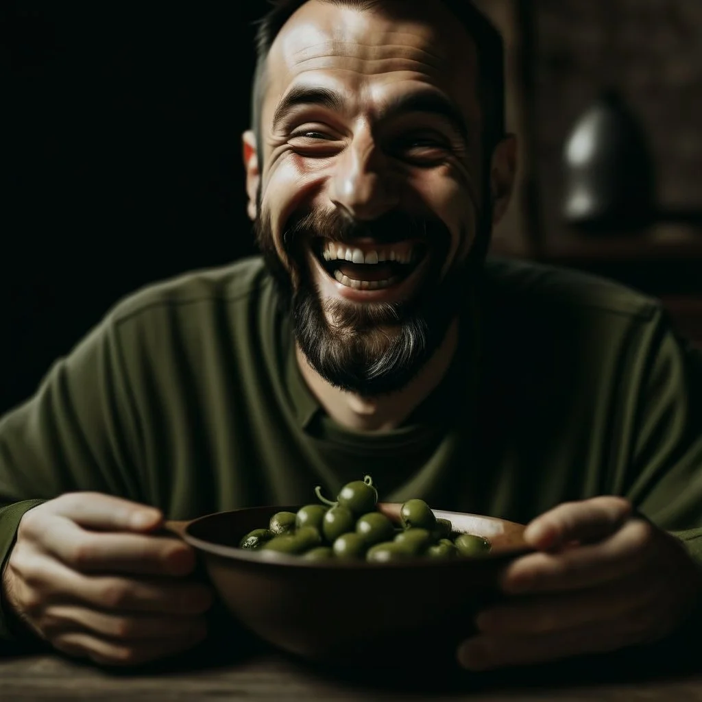 A person who eats olives and is happy