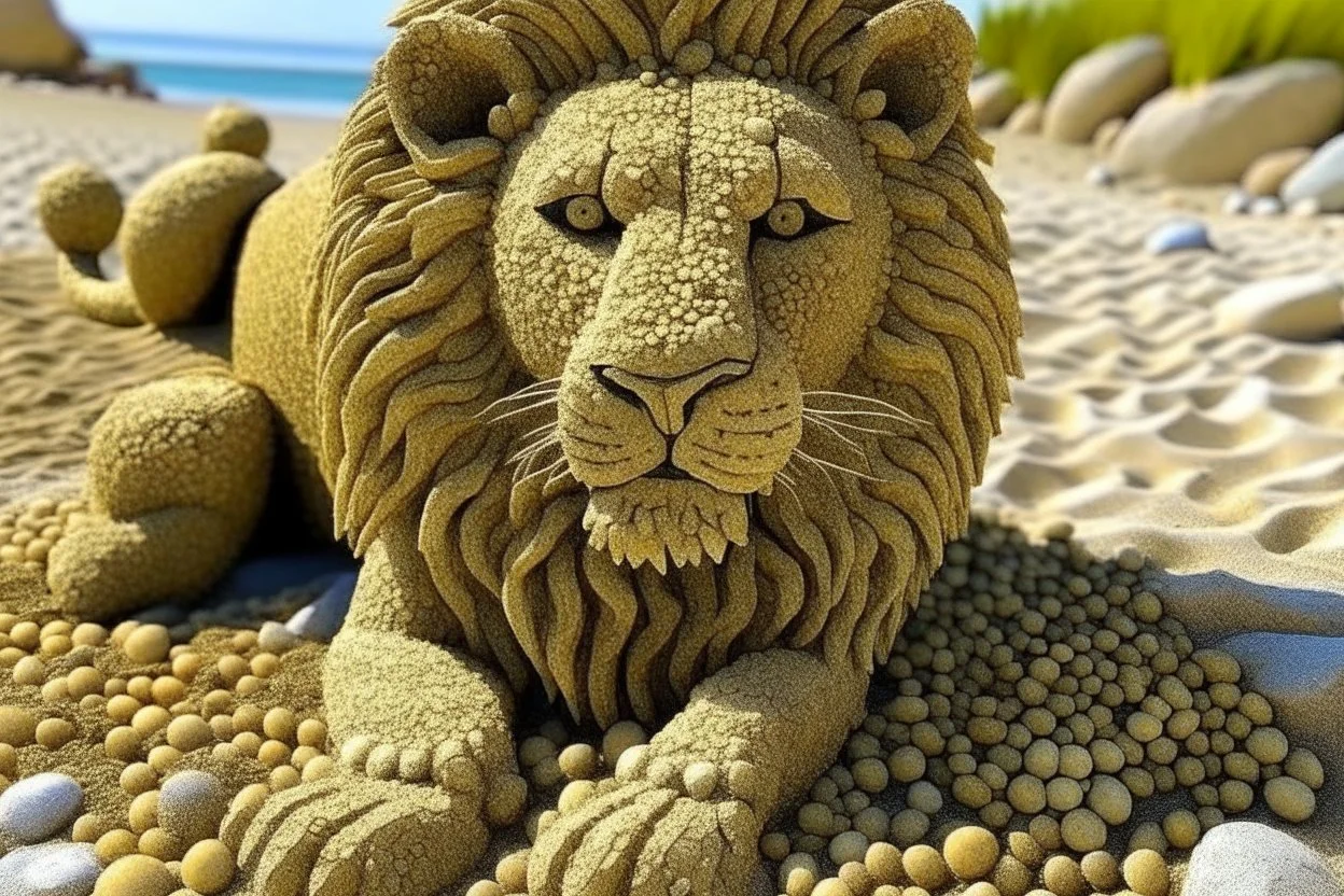 lion made of pebbles in sand