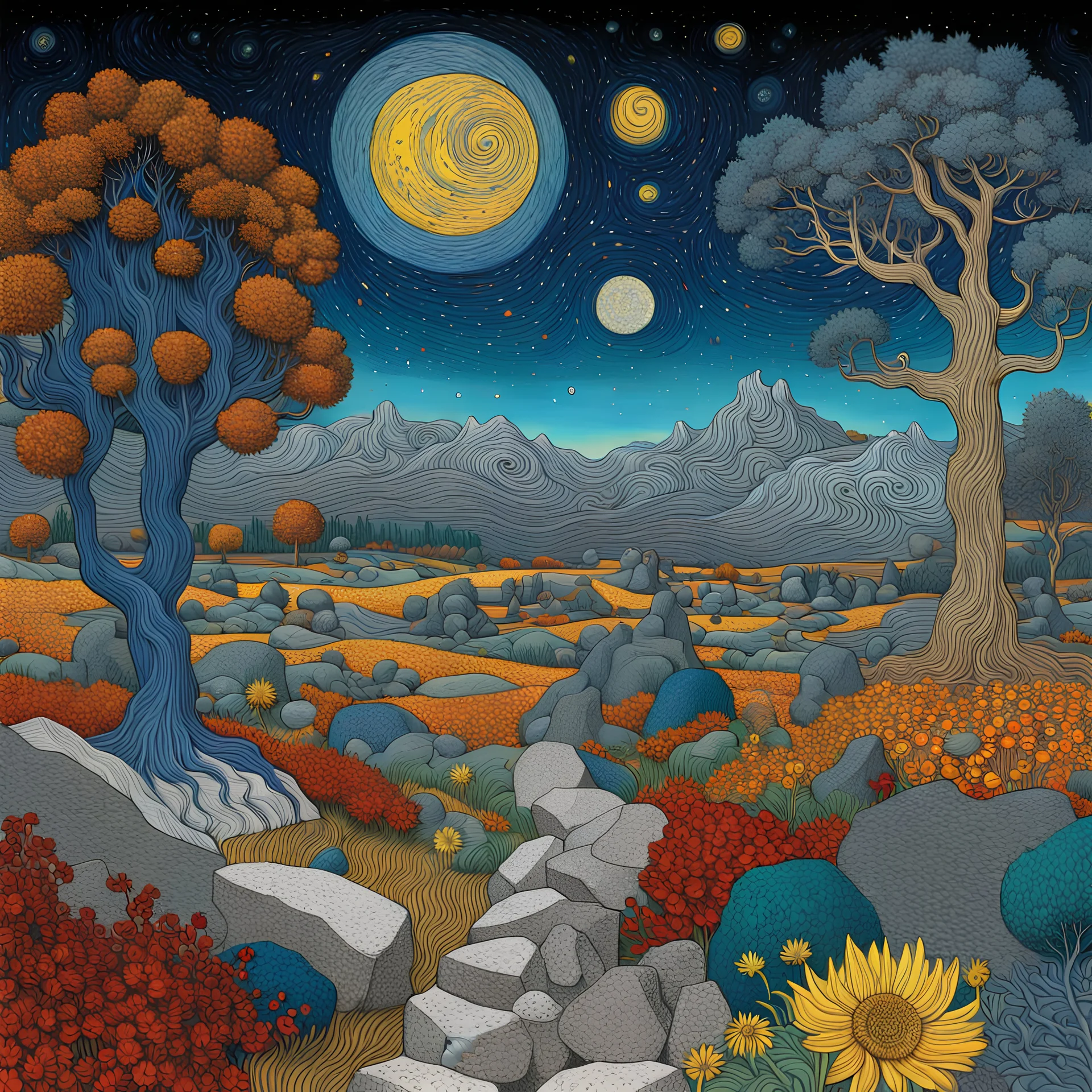 Colourful, peaceful, Max Ernst, Vincent Van Gogh, night sky filled with galaxies and stars, rocks, trees, flowers, one-line drawing, sharp focus, 8k, deep 3d field, intricate, ornate