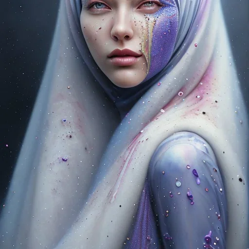 dripping, runnt, melting watercolor painting as woman's face, wearing hijab, fine detail, highly intricate, modern surrealism painting, fog, high-quality, volumetric lighting, 8k, ultrahd, George Grie, Marco Escobedo, Igor Morski,Brian Froud, Howard Lyon, Selina French,