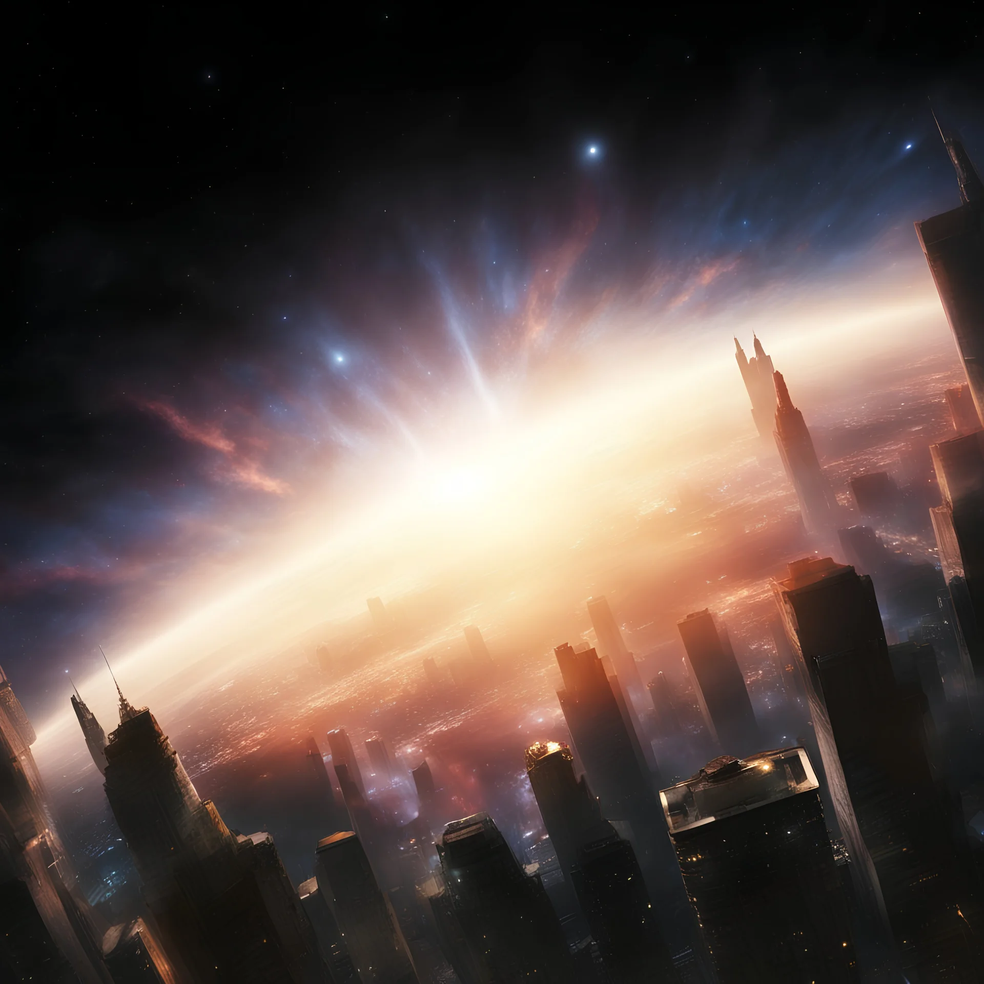 ANDROMEDA Galaxy sky explosion with stars surrounded by skycrapers