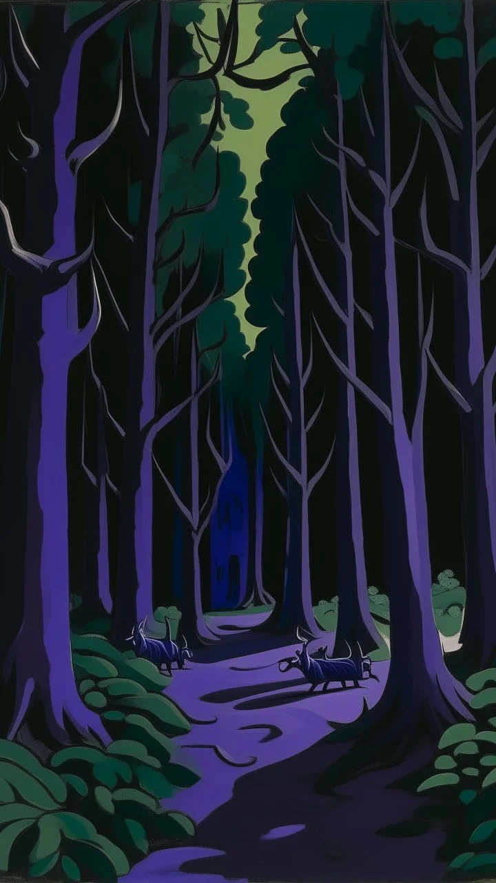 A dark purple forest with portals and noxious beetles painted by Pablo Picasso