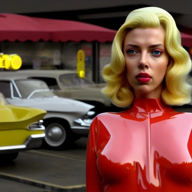 Ultra Realistic retro sci-fi afire Supermarket parking scene, 1960 year, blonde woman, sweet scarlet Johansson face, perfect iris, glow eyes, face makeup, tight latex coat; many panic people looking, Retro sci-fi style, soft color, highly detailed, unreal engine 5, ray tracing, RTX, lumen lighting, ultra detail, volumetric lighting, 3d, finely drawn, high definition, high resolution.