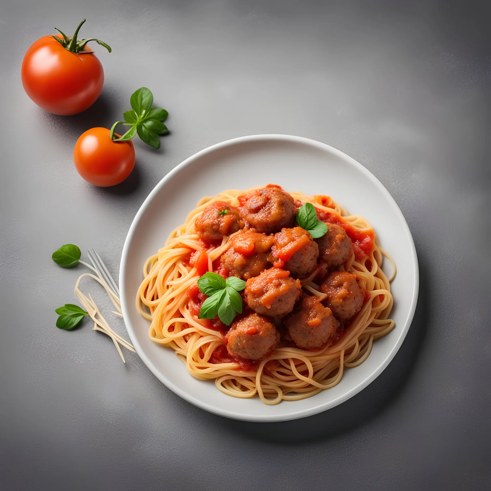 Pasta spaghetti with meat ball in tomato sauce on a plate over light grey slate, stone or concrete background. Top view with copy space.