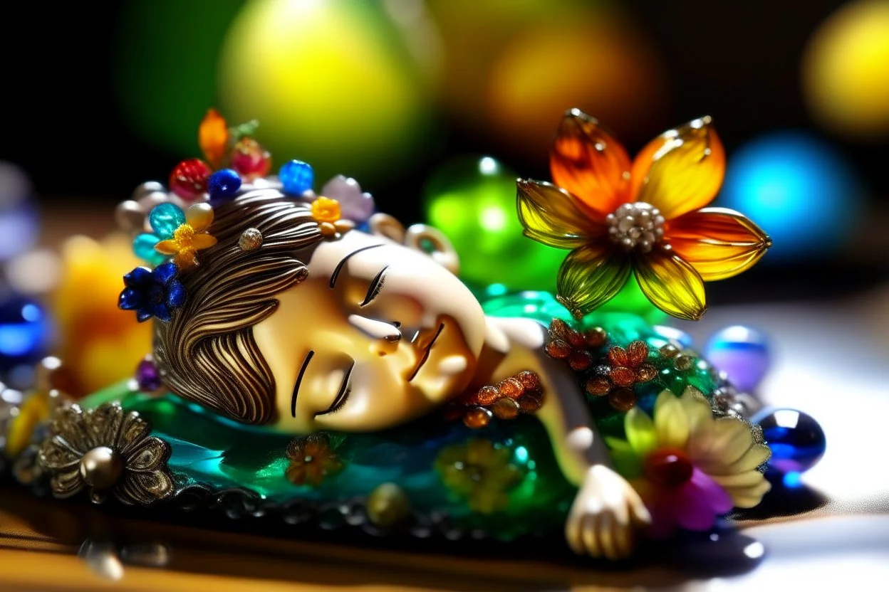 closeup, cute chibi sleeping fairy, Coloured glass flowers set with gemstones, glittering metal stems and gemstone leaves on a room table sharp focus elegant extremely detailed intricate very attractive beautiful dynamic lighting fantastic view crisp quality exquisite detail in the sunshine gems and jewels