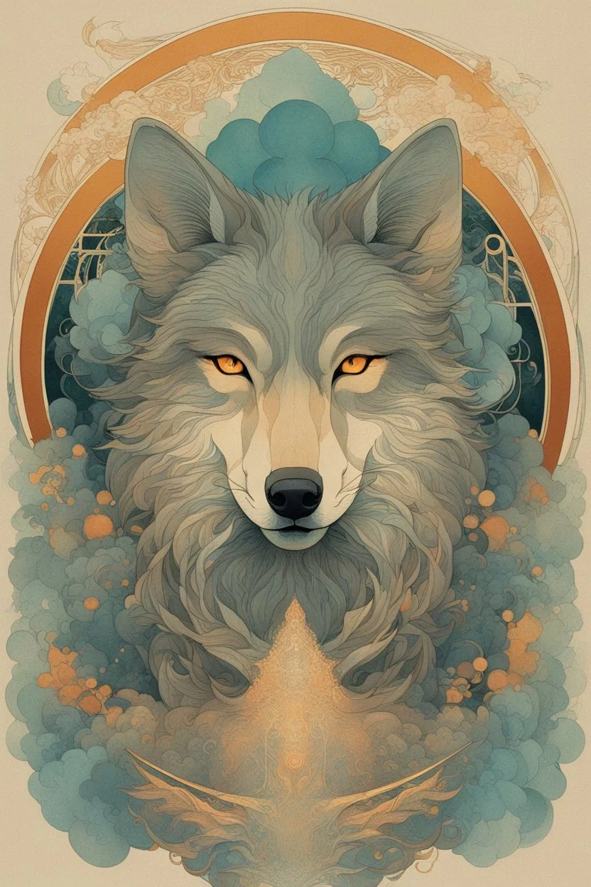 portrait of a mystic wolf facing forward disappearing into smoke by Alphonse Mucha, by victo ngai, by Hokusai, sacred geometry, medicine, sacred