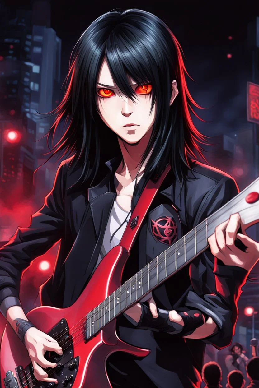 A portrait of 30 years old chthonic metal guitarist at a midnight concert, manly facial features, red creepy alien bug eyes, black hair, athletic build, dynamic, in the style of manga "Rosario+Vampire"