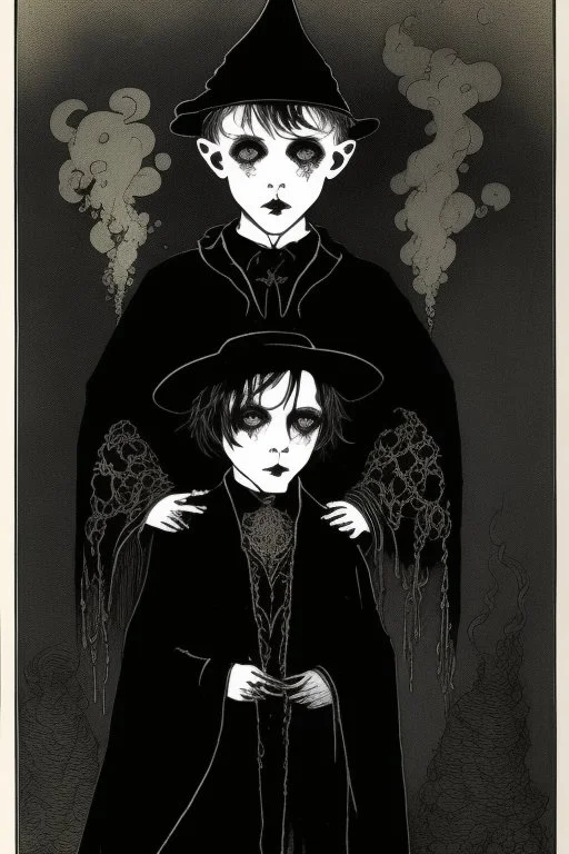 7 year old boy, necromancer, friendly, looks dead, surrounded by weird smoke with eyes, wearing black robes, in the style of Harry Clarke