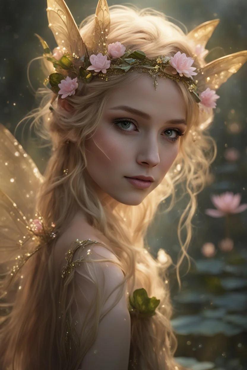 Pointed elven ears,Blonde hair ,Pink dress,Sparkling fairy wings,Very long golden hair,Fairy crown,pointed ears,elven ears,fairy wings,water lilies,sparkling,glittering,flowers,blossoms,golden crown,light pink dress