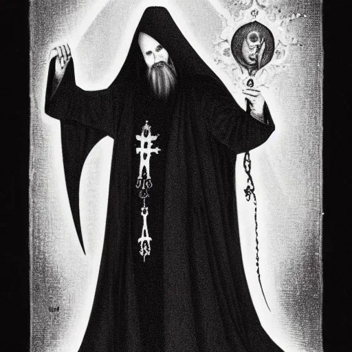 Nosferatu vampire with tentacle beard hair and vampire fangs as a Russian Orthodox priest