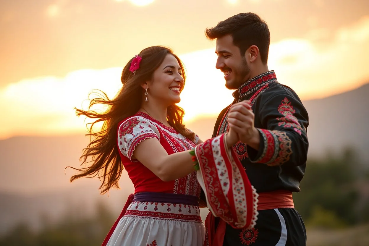 Young Azerbaijani couple performing traditional dance, joyful expressions, authentic costumes, dynamic movement, sunset lighting, cultural authenticity, photorealistic --ar 3:2 --style raw