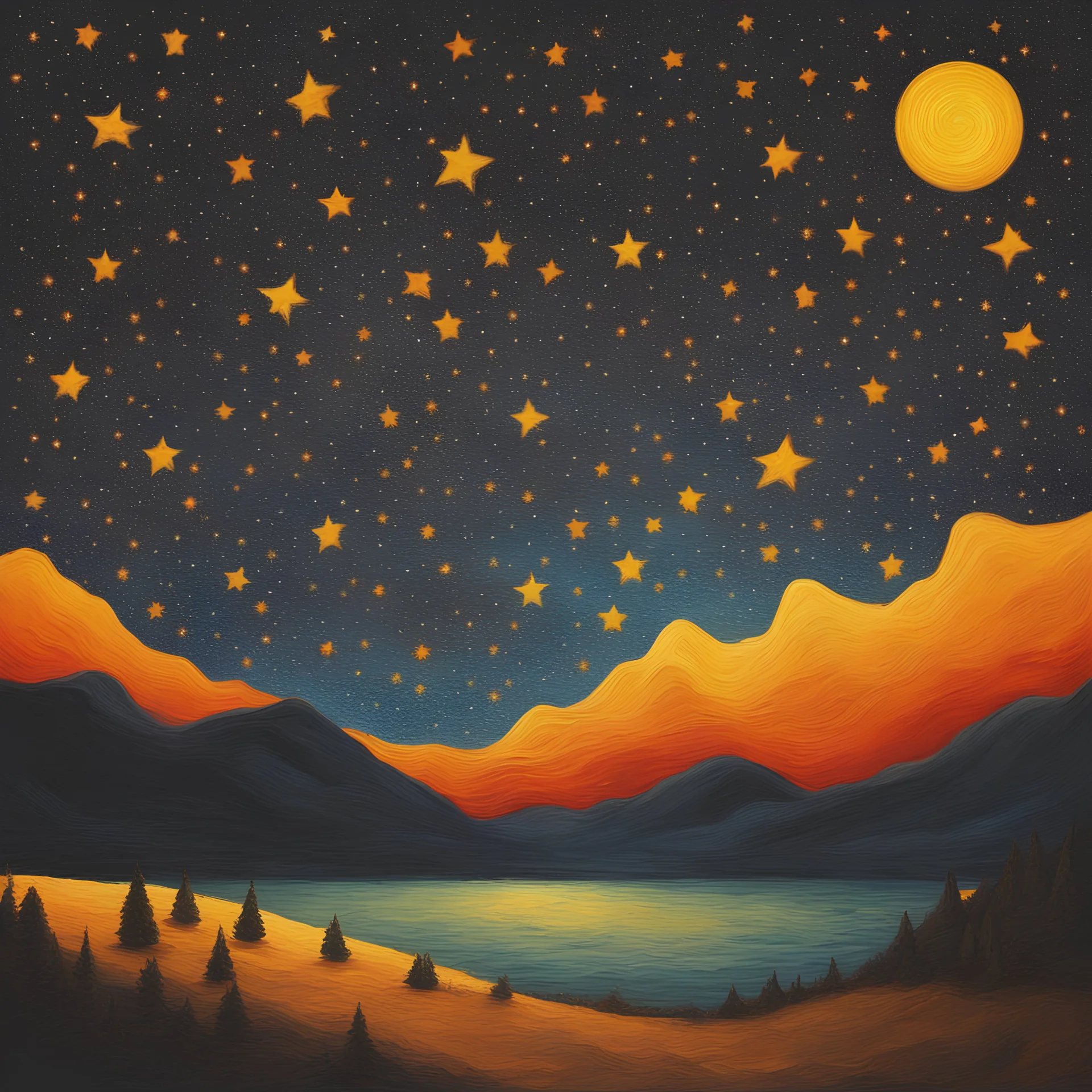 Starry night with Yellow colours and red colours and orange colours