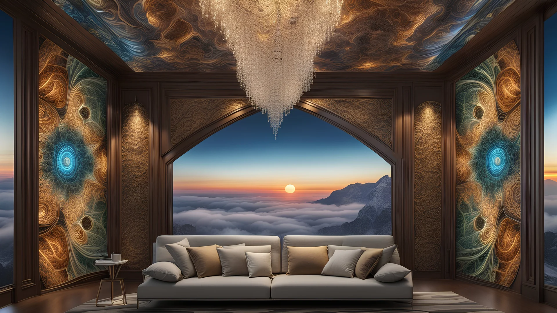 a big stunning fractal illustration with stepwise metalic colors on the wall in the living room, hyperdetailed , natur lighting, intricate detailed, high focus, cinematic, stunning, photorealistic