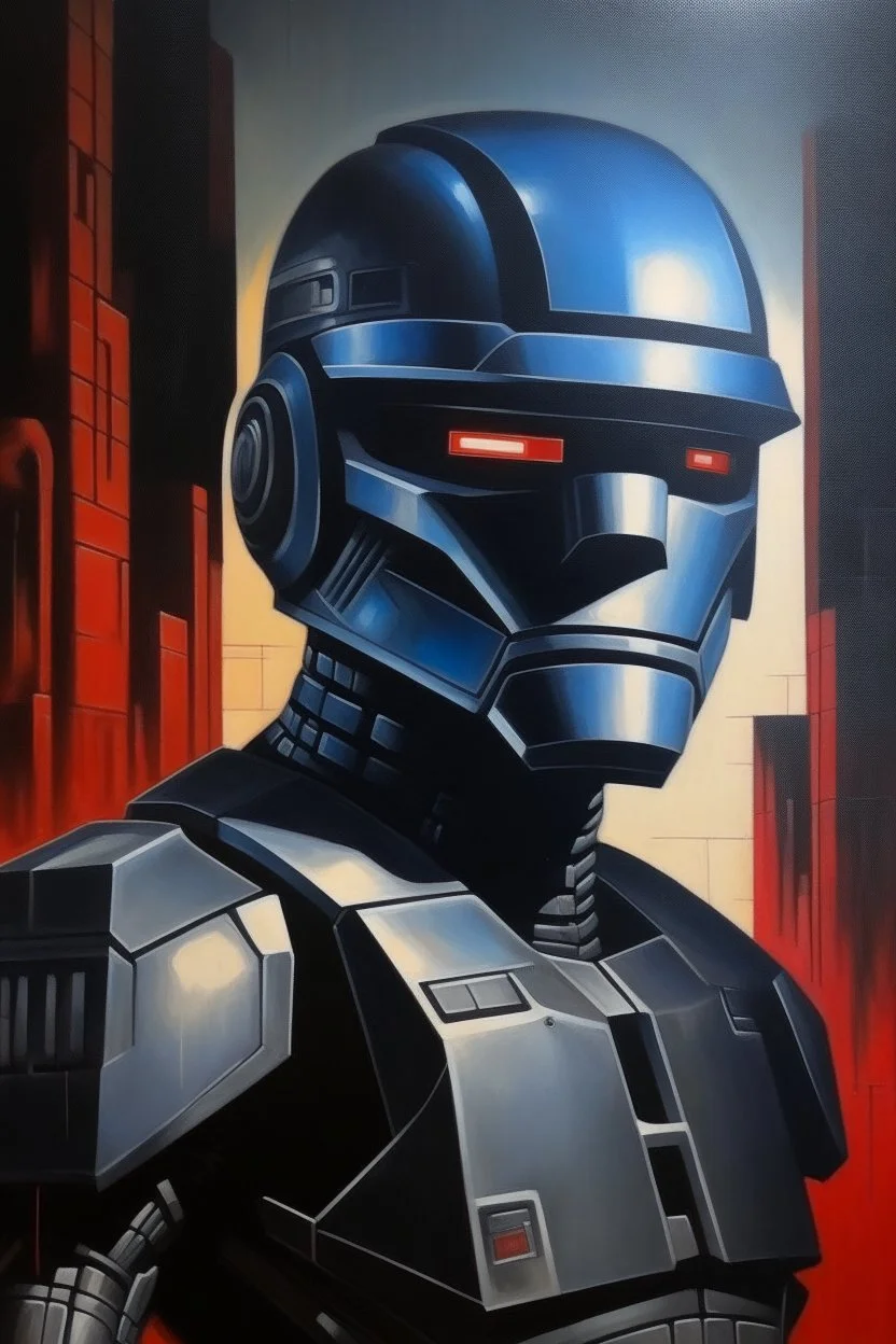 1970's dark fantasy cover dnd style oil painting of robocop minimalist far perspective.