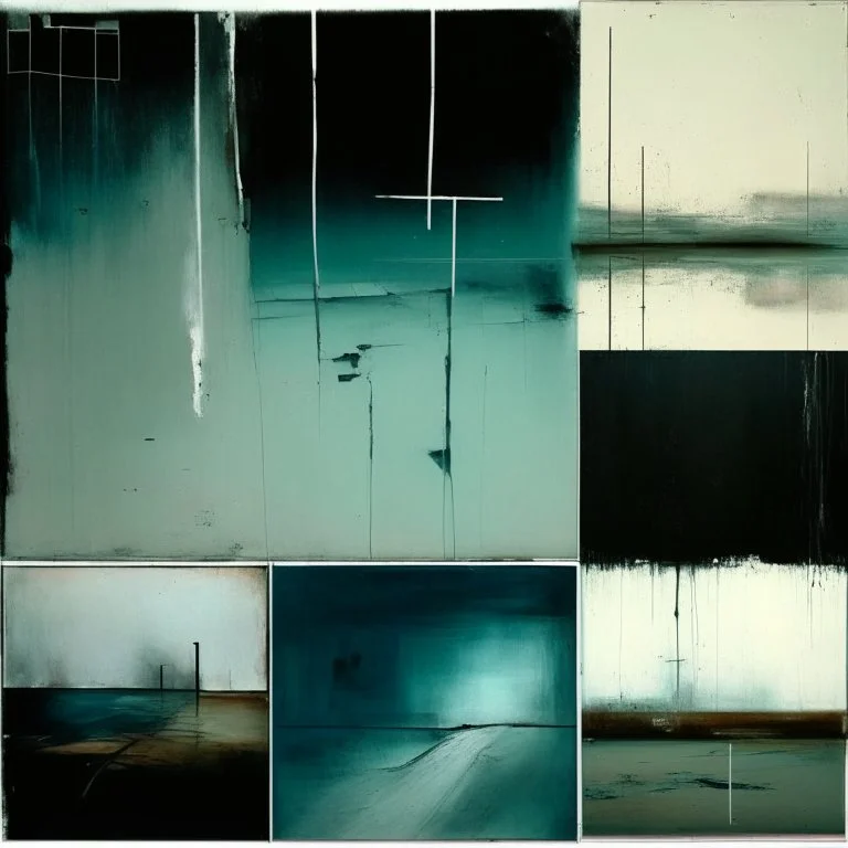 Minimal abstract oil paintings of a desolate 1960. On the floor are concrete fragments and road markings . In the dark mysterious style of Justin Mortimer and Francis Bacon.