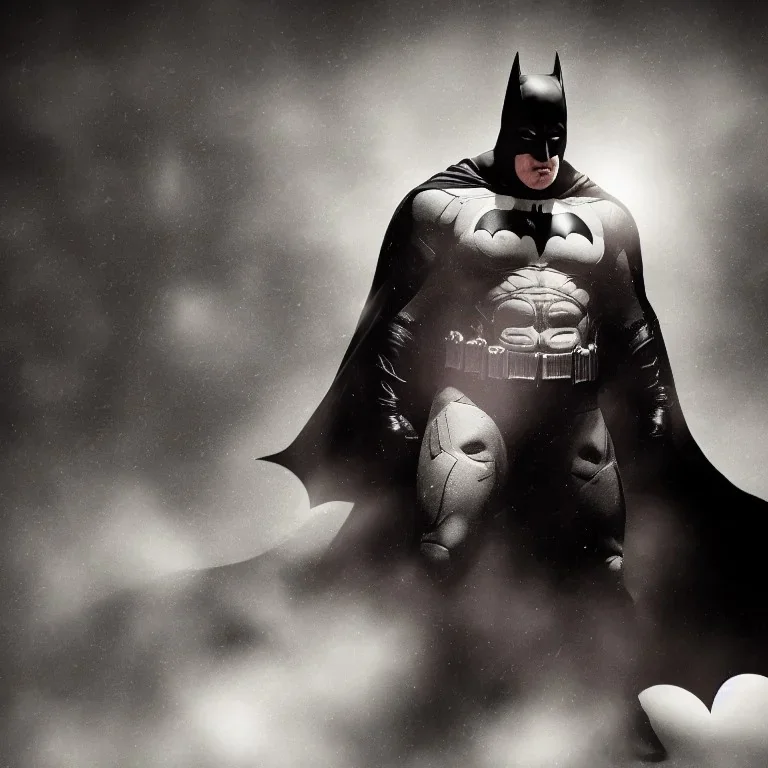 Fat Batman, dramatic light, close up, smoky background, high detail, cinematic, vignette