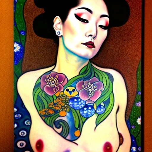 dibujo al oleo de cuerpo entero de una mujer Bella yakuza con tatuajes estilo Gustav Klimt