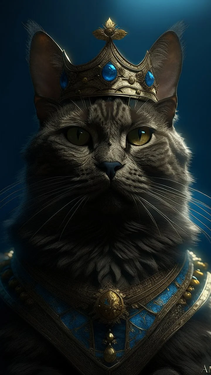 Upscale orkand almost leads to the extinction of cat musk king with crown, in an accurate revenge scheme,Dramatic, dark and moody, inspired style, with intricate details and a sense of mystery Blue background, 16k, dramatic lighting, matte painting, highly detailed, cgsociety, hyperrealistic, --no dof, --ar 2:1