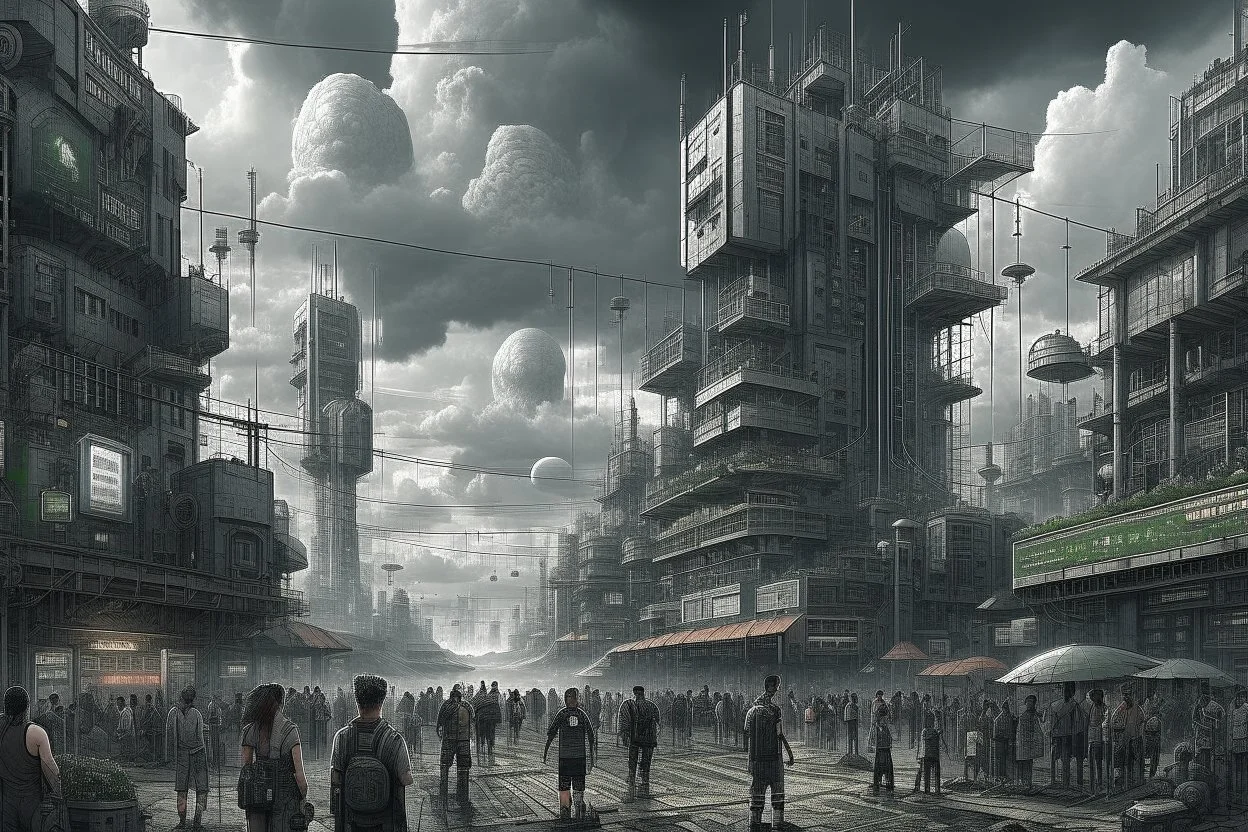 cloudy day in a cybverpunk city, people, sci-fi