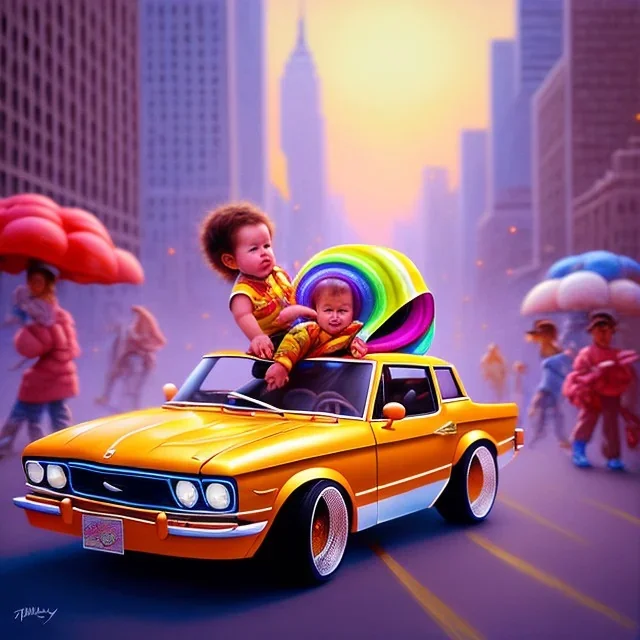 A one-year-old boy rides in the plastic funny toy-car on the middle of a busy street in new york. He has and a large-brimmed straw hat. somehow photographic bright colors and sunset, fantasy art, Anna Dittmann, digital painting, dan mumford, oil on canvas, jeff koons, akihito yoshida, wlop, kodachrome,