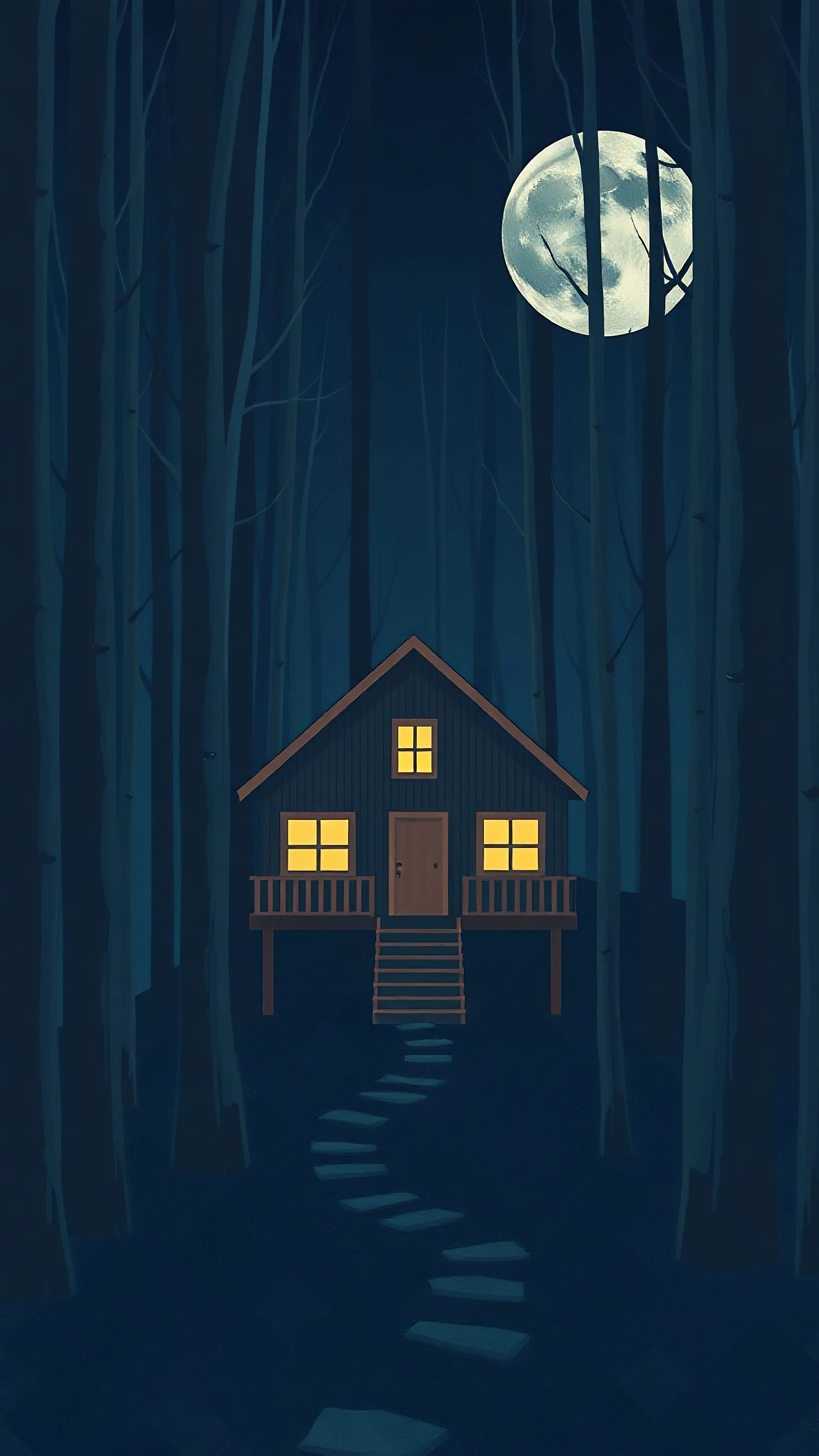 Minimalistic abstract, surrealism mobile a house in the wood,full moon, art, hues, High quality, 4k depth