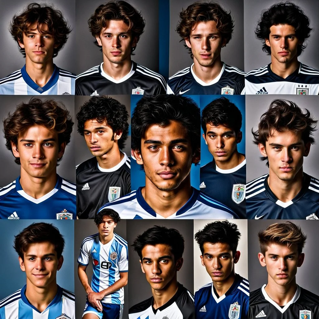 85mm DSLR color photography of a very detailed headshot fitting all of head and hair in frame. 19-year-old Argentine soccer player, and with no facial hair and has no facial hair, has short and black hair with a small smile, grey background