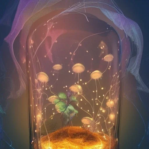 Pixies and Fairies in a belljar ,glowing , free,small and big, many fairy lights inside a forest, ghostly lights, polaroid, symmetry, bioluminescence, luminescent glow, moody, tender, photorealistic, octane render, golden hour,MTG,digital painting,by Anna Dittmann.biomorphic jellyfish morphed with electronic wiring and mixed with lighting, Nanopunk and Biopunk with cyberpunk look, wonderful ambient colors, art by Jarosław Jaśnikowski mixed with Sheila Martin mixed with Fletch mixed with Frank 