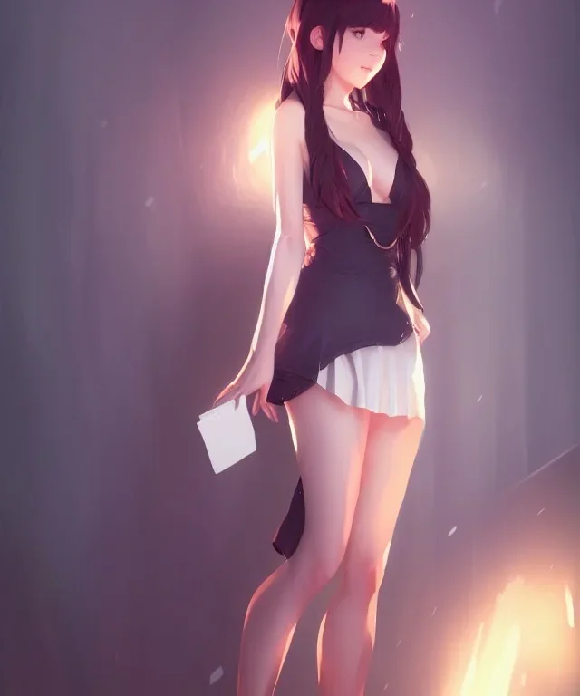 Insane pretty young woman short dressed. by wlop, ilya kuvshinov, krenz cushart, greg rutkowski, pixiv, sarah j. maas book cover style magician at the end of a corridor, smooth, sharp focus, d & d style, artstation, 4 k, hdr. Full body