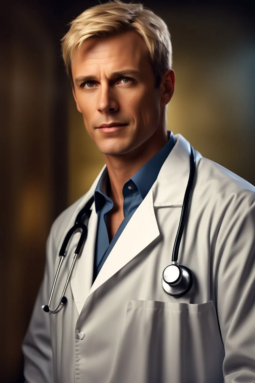 Portrait of a 40 year old handsome male doctor with short blonde hair, photorealistic, fantasy