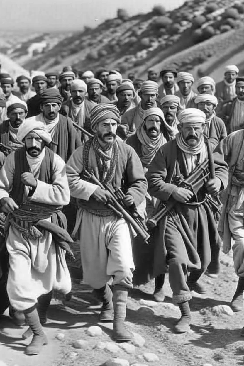 Libyan mujahideen led by Omar Al-Mukhtar fighting the Italian enemy in 1930