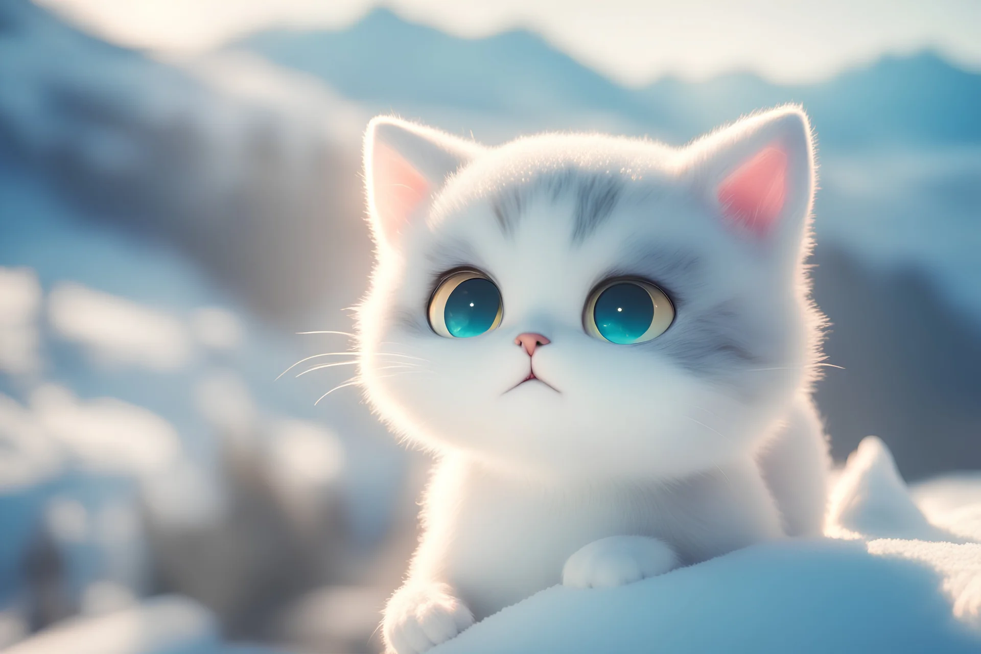 cute chibi anime frightened cat, crashed airplane in the snowy mountains in sunshine, ethereal, cinematic postprocessing, bokeh, dof