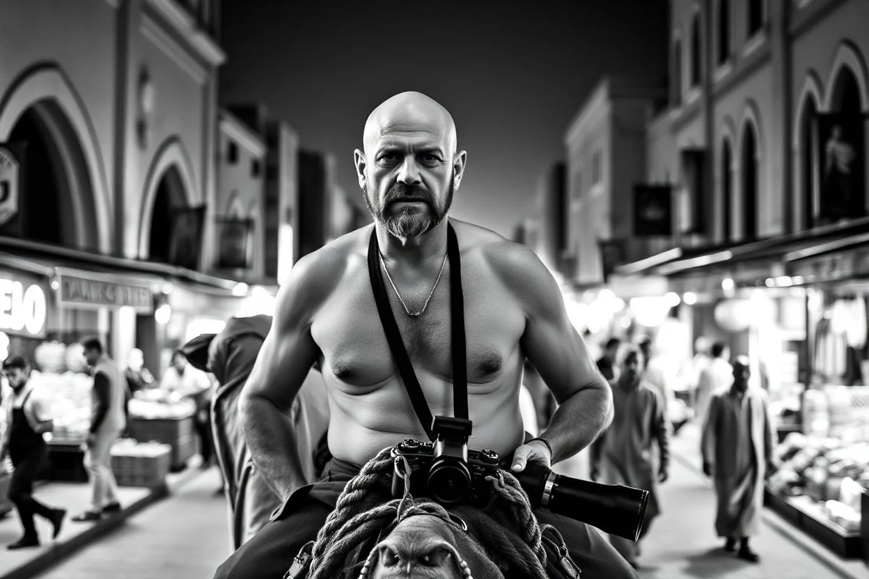man looking like "Walter White" in breaking bad tv show, bald and goatee, with bare chest riding on a camel in a alley Casablanca town, panorama, black and white photo, lot of markets and people in background, camera in the back of him