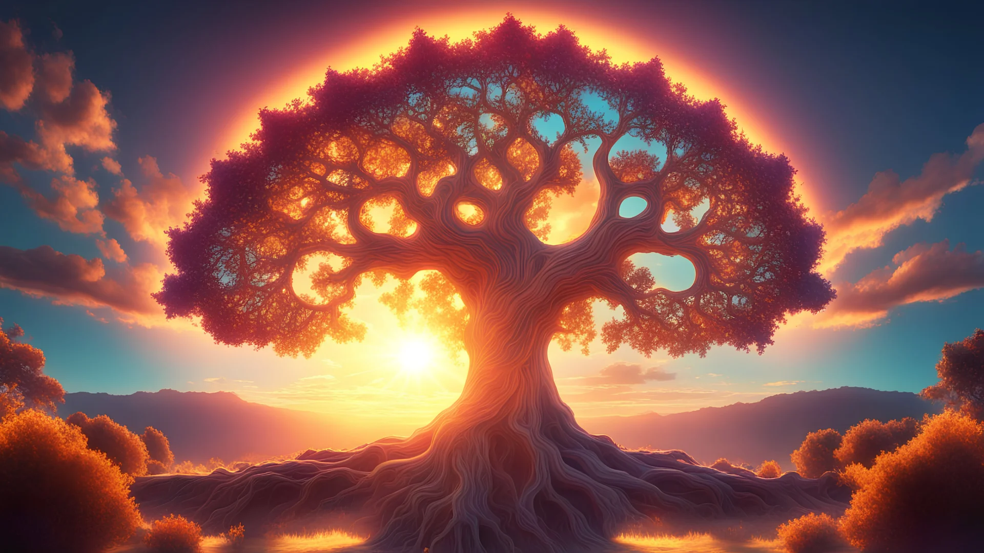 precise fine detailed mandelbrot style of a sunset. AMAZEMENT. COLORFUL Cinematic lighting, 8K . tree of life. sun flare. mistique