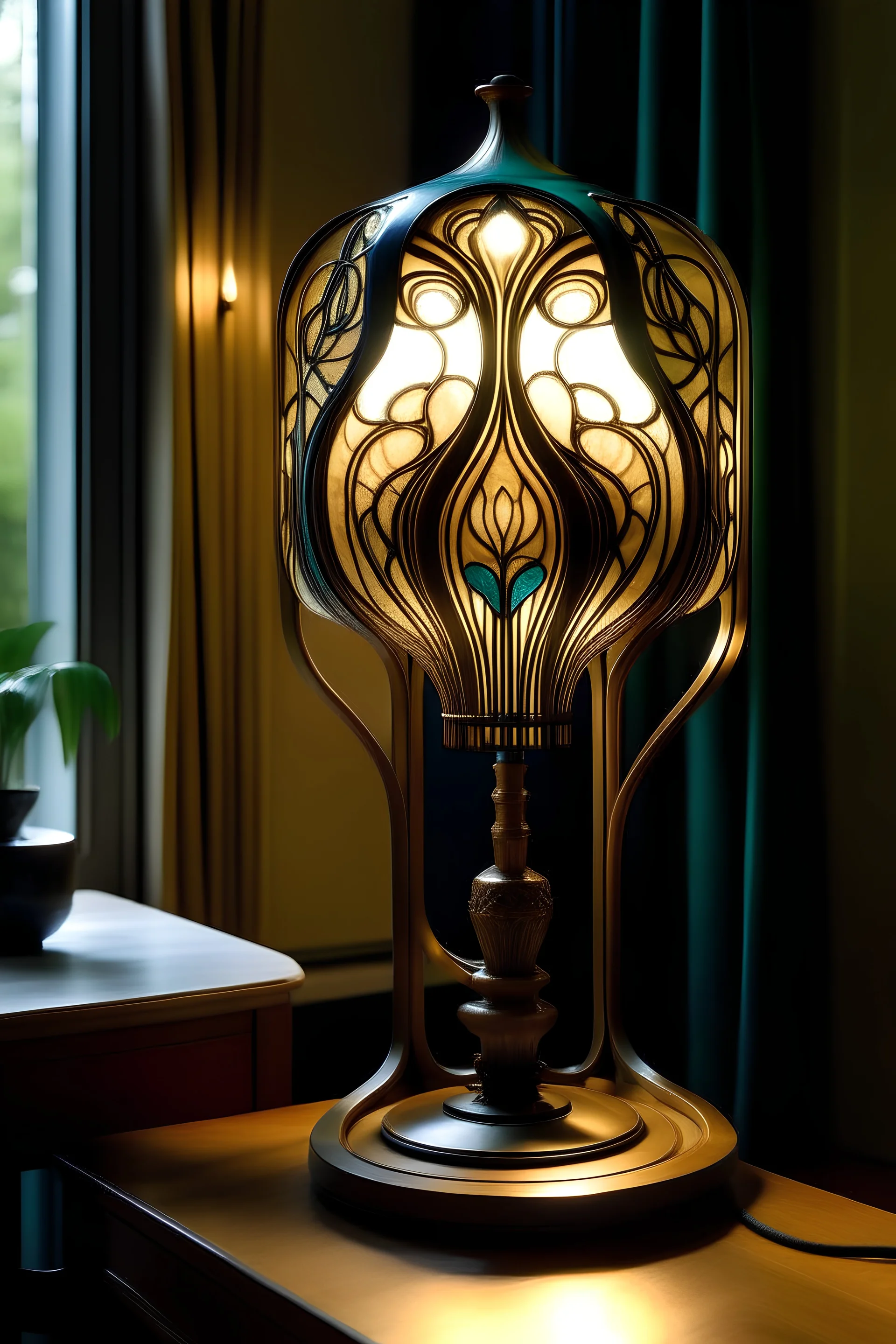 erstelle eine Tischlampe, die in einer modernen Wohnung steht, aber aus de Jugendstil ist