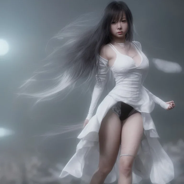 hitomi tanaka, dress white, long black hair, realistic, intriacte detail, sci-fi fantasy style, volumetric lighting, particales,highly detailed,cinamatic, deep colours,8k