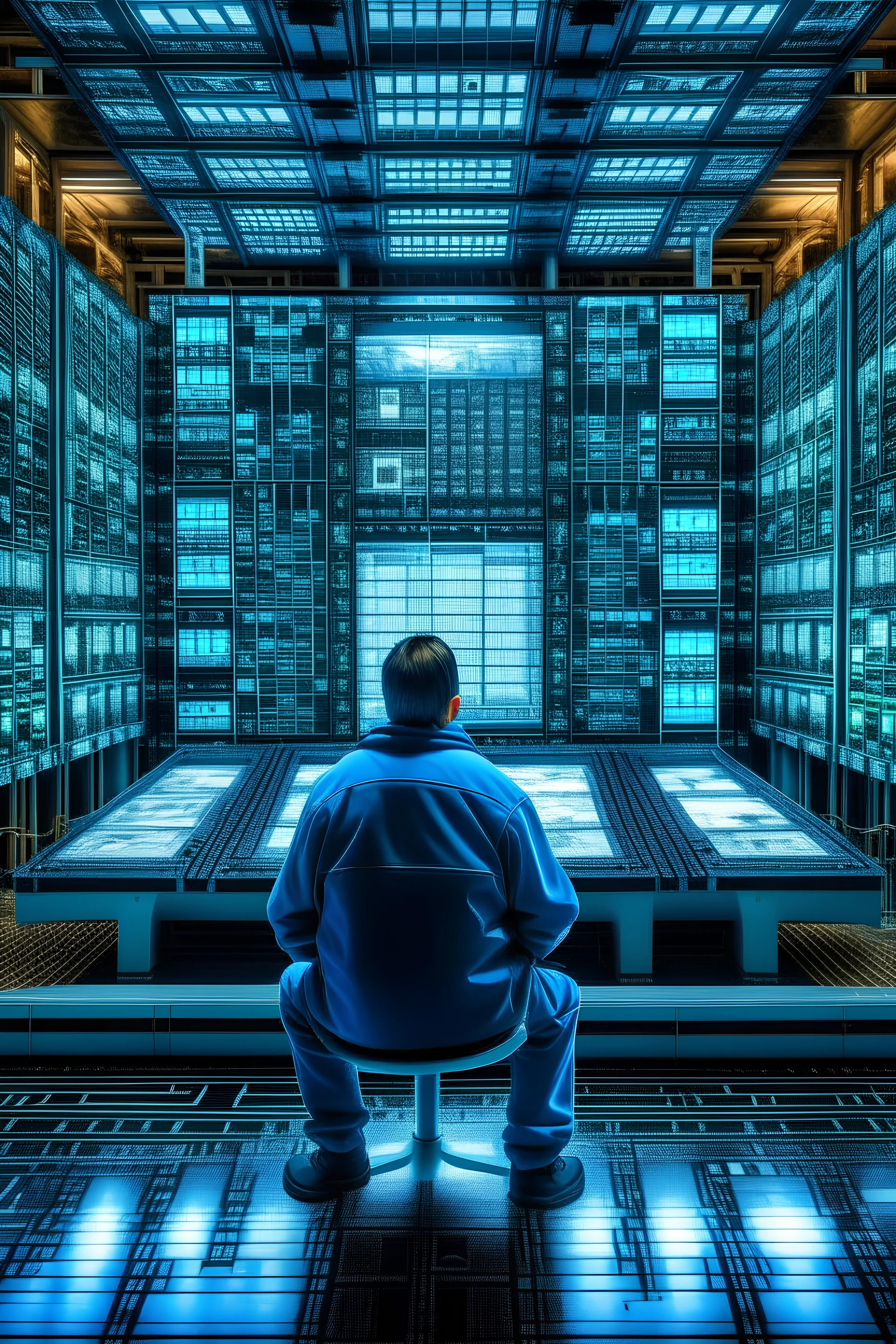 An engineer sitting inside the largest electronic board\