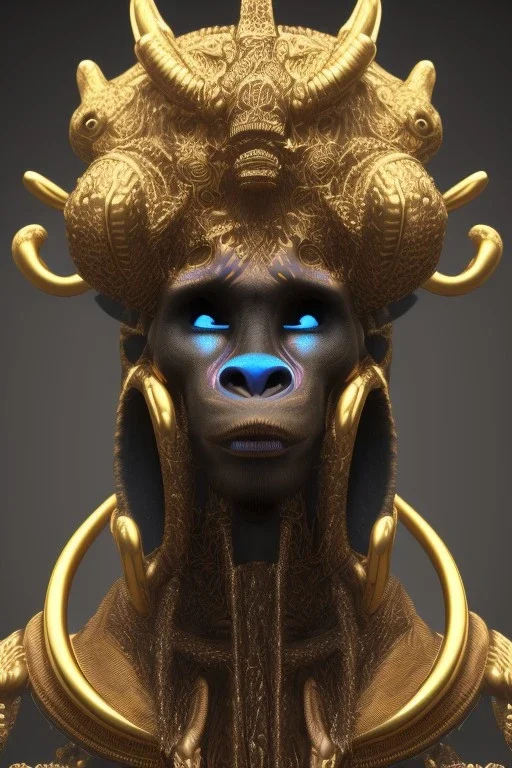 black male African Egyptian alien, cracks in the voodoo head, wicked, eyes, crown, Elephant, 8k, finely detailed, photo realistic, tiger turquoise skull head gold dragon space alien snow skeleton gold gorilla silver crown silver eyes