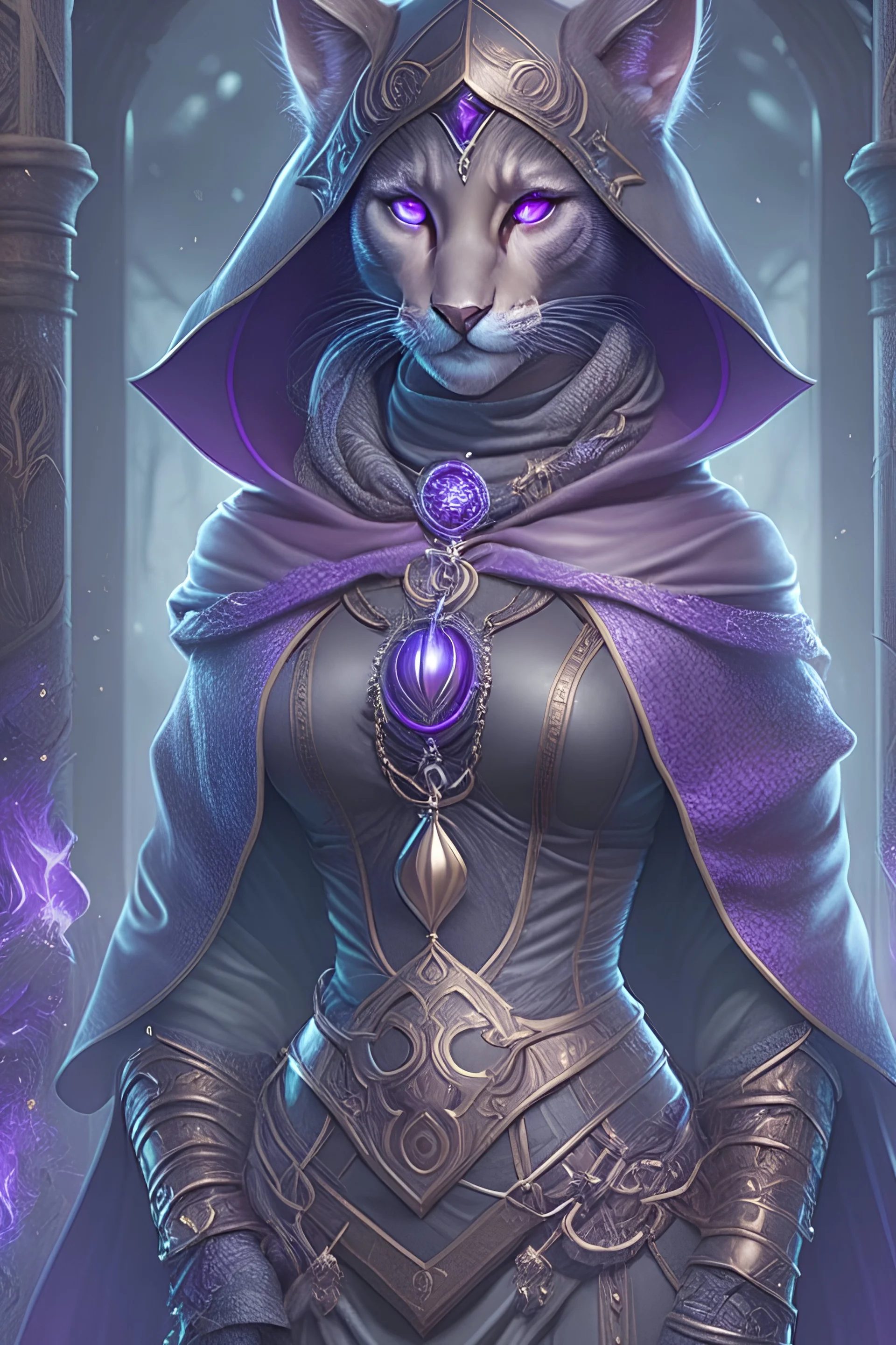 Realistic D&D character portrait, humanoid female tabaxi sorceress, smooth face with no designs on face, not wearing a hood on her head, tufts of white fur poking out of the ears, black fur on face, colorful fantasy, detailed, realistic face, digital portrait, intricate cloak black trimmed with silver and purple, background is nighttime forest scene with mist, flowing black purple and silver skirt, fiverr dnd character, wlop, stanley artgerm lau, ilya kuvshinov, artstation, HD, octane render