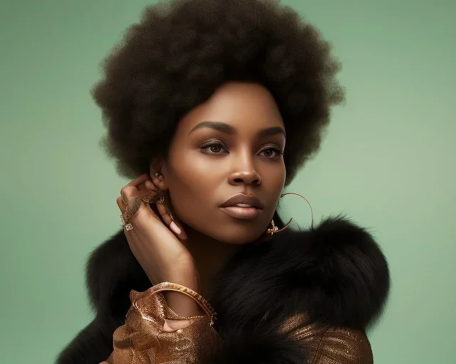 (samdoesarts style:0.85); sharp focus, full body portrait of a beautiful black woman woman with (Celeste hair ) (wearing fur trim), digital art, (highly detailed face:1.0), fine detail, intricate, octane render, hdr 8k