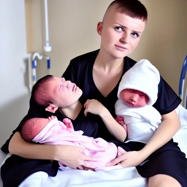 Russian tomboy boyish boylike short man's haircut boyish features in black girlish nightgown in hospital with newborn baby