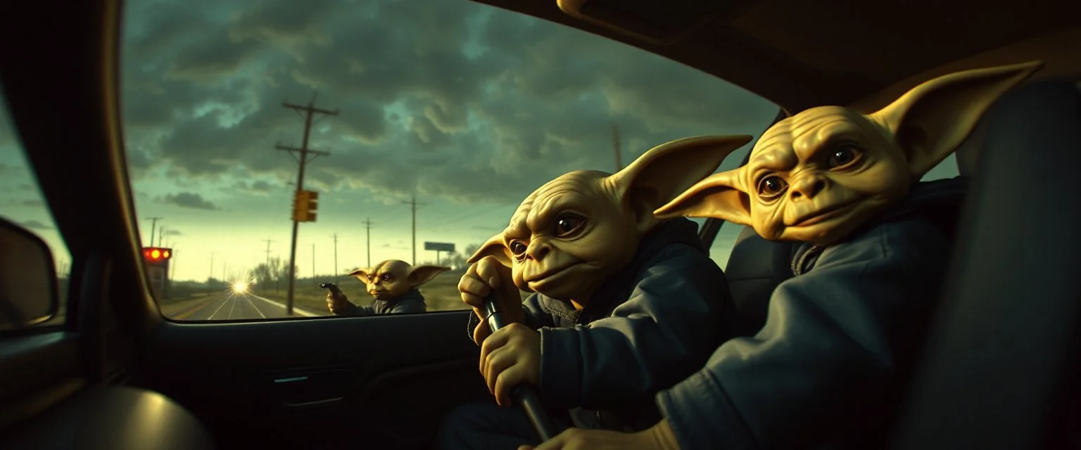 pin hole cam, master oil painting by Rembrandt superrealistic fallout 4,When somebody listens to everything you say but still is an asshole testicle goblins. hodenkobolds on the run, in fast car, motion blur, dimensional gate, hill billy police mafia