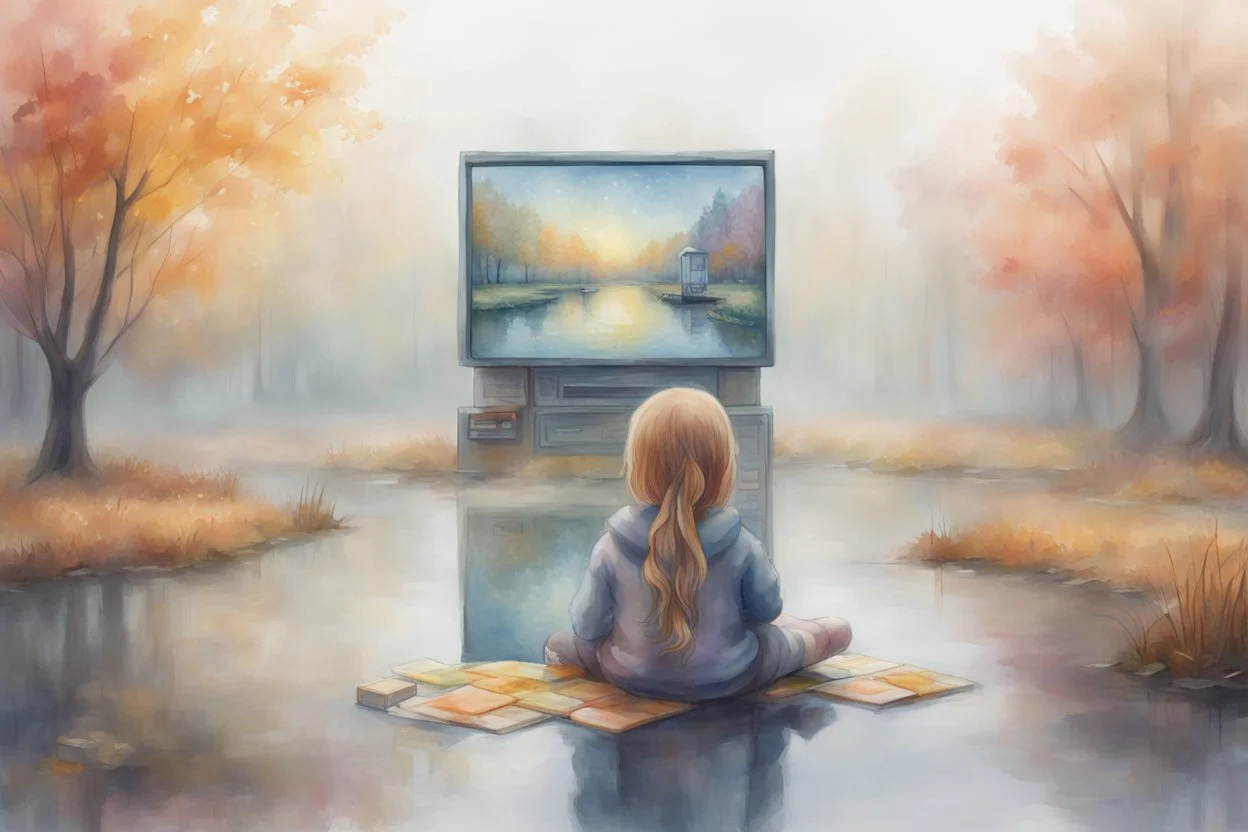 a cute chibi girl is sitting with her back to us, we see her playing tetris on a big screen, in van gogh style in on a misty morning. over a misty pond in the hieght of fall. Watercolour by Alison Brady. Pastel colours S<AI in sunshine, ethereal, otherwordly, cinematic postprocessing