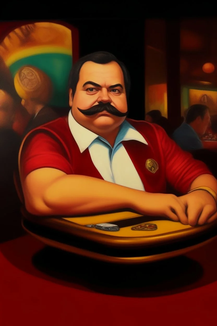 Fat ironman burguese mustache at the casino oil canvas.