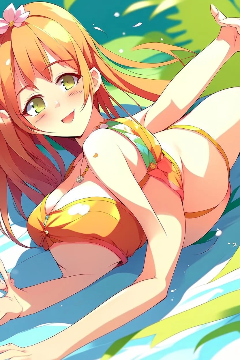 anime girl in a bikini lying on her back