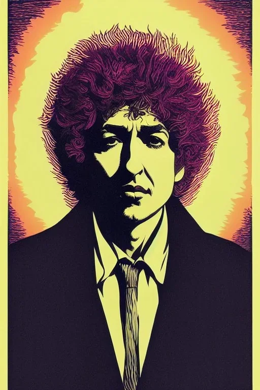 a vibrant ultraclear poster of a bob dylan, by rene magritte and laurie greasley, etching by gustave dore, colorful flat surreal, ethereal, intricate, sharp focus, illustration, highly detailed, digital painting, concept art, masterpiece