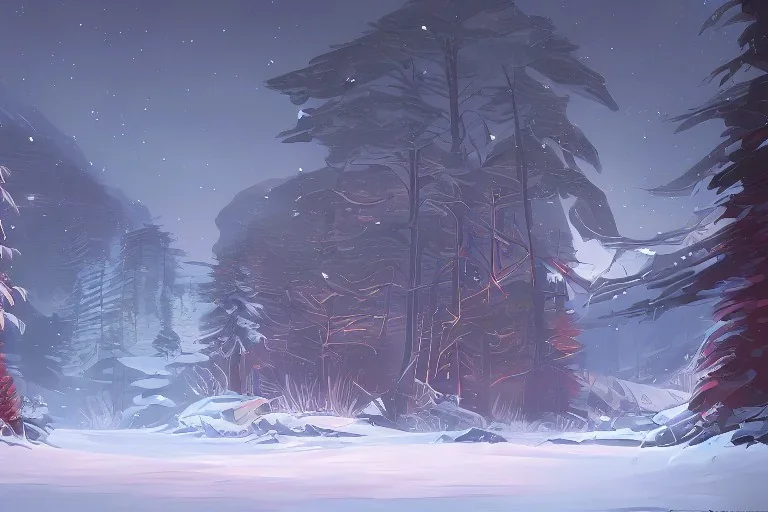 Concept art of the Olympic National Forest at night during winter by Ignis Bruno